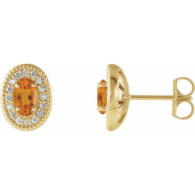 14K Natural Citrine 1/6 CTW Natural Diamond Halo-Style Earrings