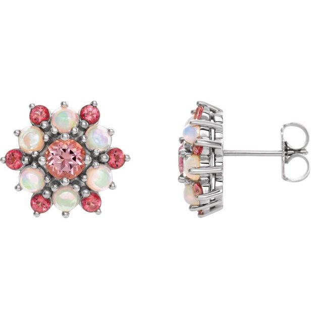 14K Natural Pink Tourmaline & Natural Ethiopian Opal Cabochon Earrings