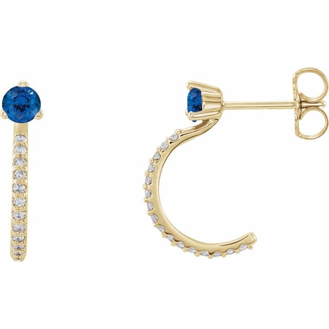 14K Natural Blue Sapphire & 1/8 CTW Natural Diamond J-Hoop Earrings