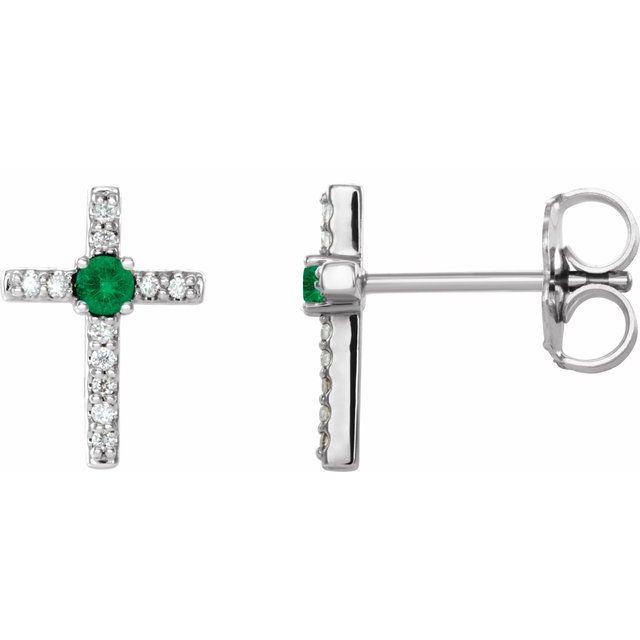 14K Lab-Grown Emerald & .05 CTW Natural Diamond Cross Earrings