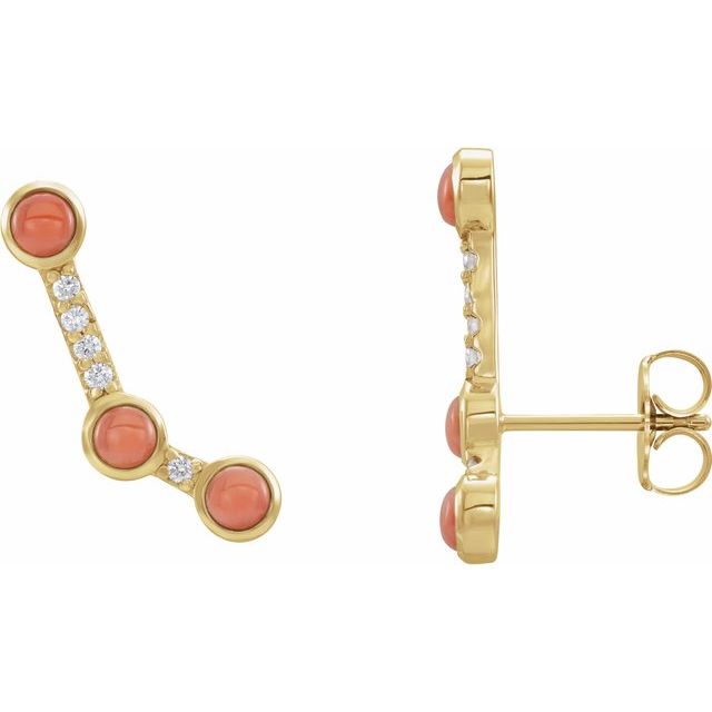 14K Natural Pink Coral & .08 CTW Natural Diamond Ear Climbers