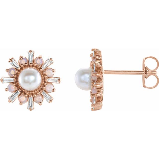 14K Cultured Akoya Pearl, Natural Opal & 1/6 CTW Natural Diamond Earrings