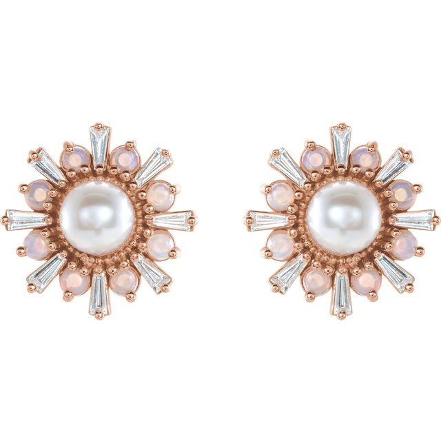 14K Cultured Akoya Pearl, Natural Opal & 1/6 CTW Natural Diamond Earrings
