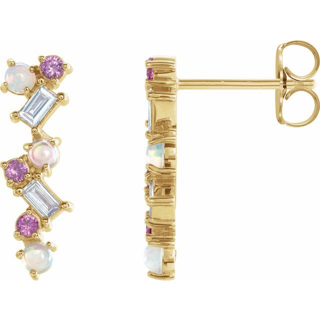 14K Natural Ethiopian Opal, Natural Pink Sapphire & 1/10 CTW Natural Diamond Scattered Bar Earrings
