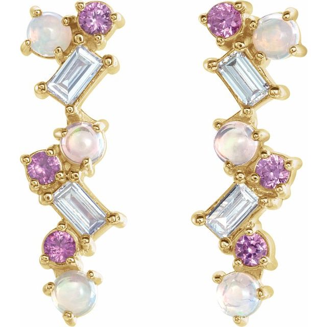 14K Natural Ethiopian Opal, Natural Pink Sapphire & 1/10 CTW Natural Diamond Scattered Bar Earrings