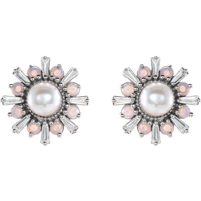 14K Cultured Akoya Pearl, Natural Opal & 1/6 CTW Natural Diamond Earrings