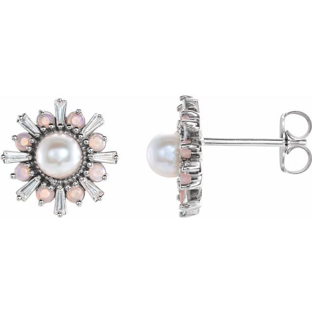 14K Cultured Akoya Pearl, Natural Opal & 1/6 CTW Natural Diamond Earrings