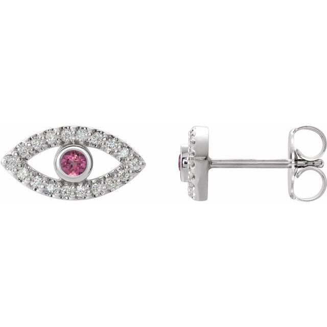 14K Natural Pink Tourmaline & Natural Sapphire Evil Eye Earrings