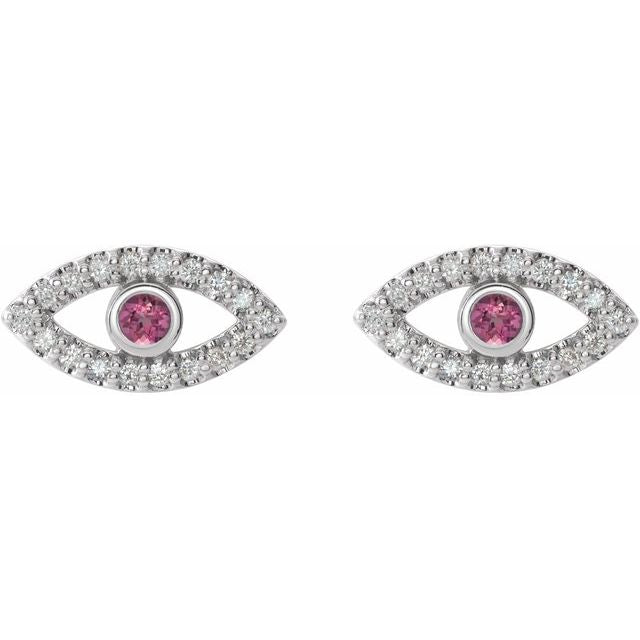 14K Natural Pink Tourmaline & Natural Sapphire Evil Eye Earrings