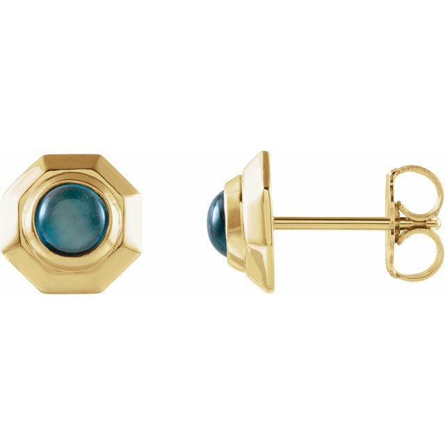 14K Natural London Blue Topaz Geometric Cabochon Earrings