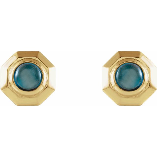 14K Natural London Blue Topaz Geometric Cabochon Earrings