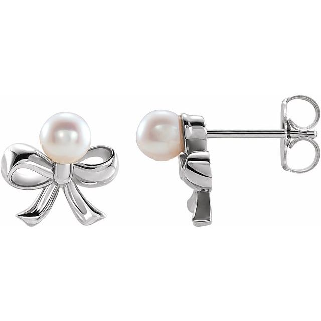 Sterling Silver Cultured Akoya Pearl Bow Earrings