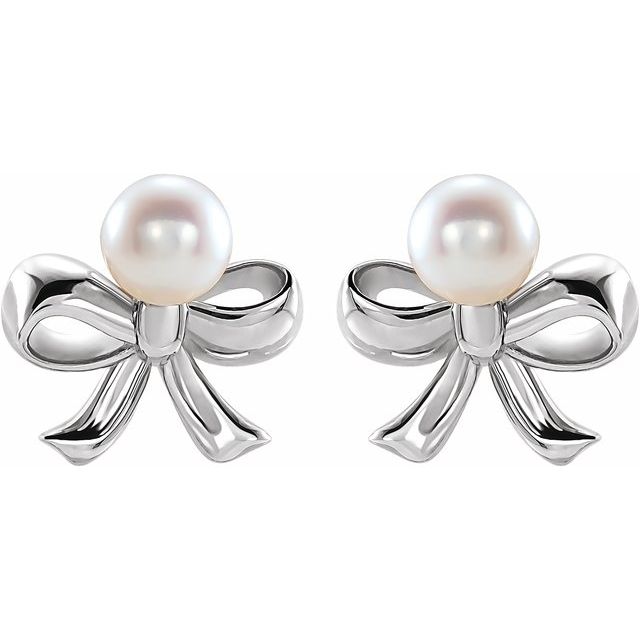 Sterling Silver Cultured Akoya Pearl Bow Earrings
