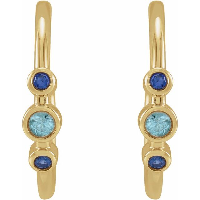 14K Natural Blue Zircon & Natural Blue Sapphire Bezel-Set Hoop Earrings