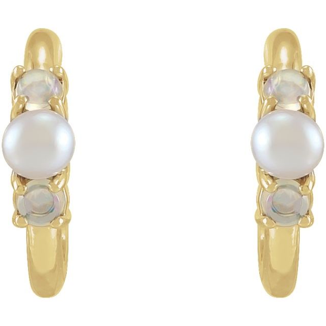 14K Cultured Seed Pearl & Natural Ethiopian Opal Huggie Earrings