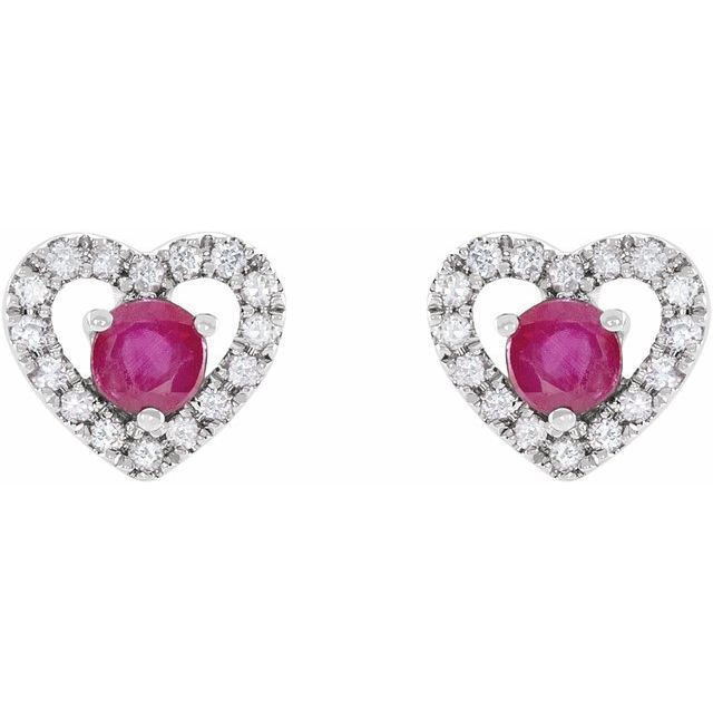 14K Natural Ruby & 1/10 CTW Natural Diamond Heart Earrings