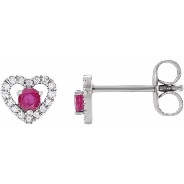 14K Natural Ruby & 1/10 CTW Natural Diamond Heart Earrings