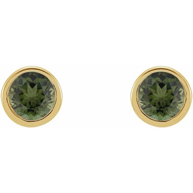 14K Round Natural Green Tourmaline Micro Bezel-Set Earrings