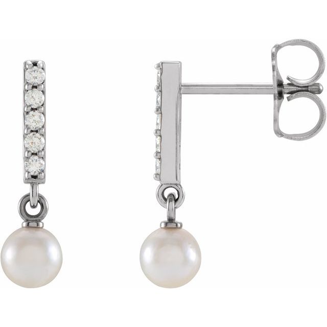 14K Cultured Akoya Pearl & .03 CTW Natural Diamond Bar Earrings