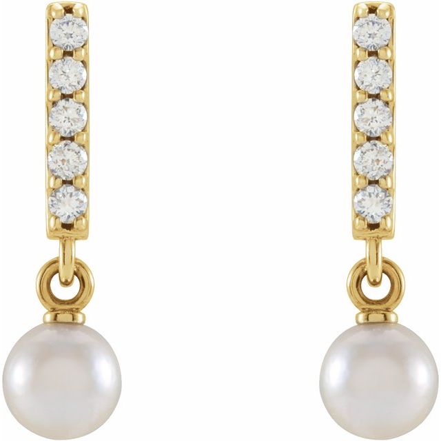 14K Cultured Akoya Pearl & .03 CTW Natural Diamond Bar Earrings