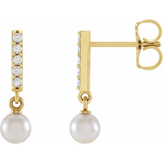 14K Cultured Akoya Pearl & .03 CTW Natural Diamond Bar Earrings