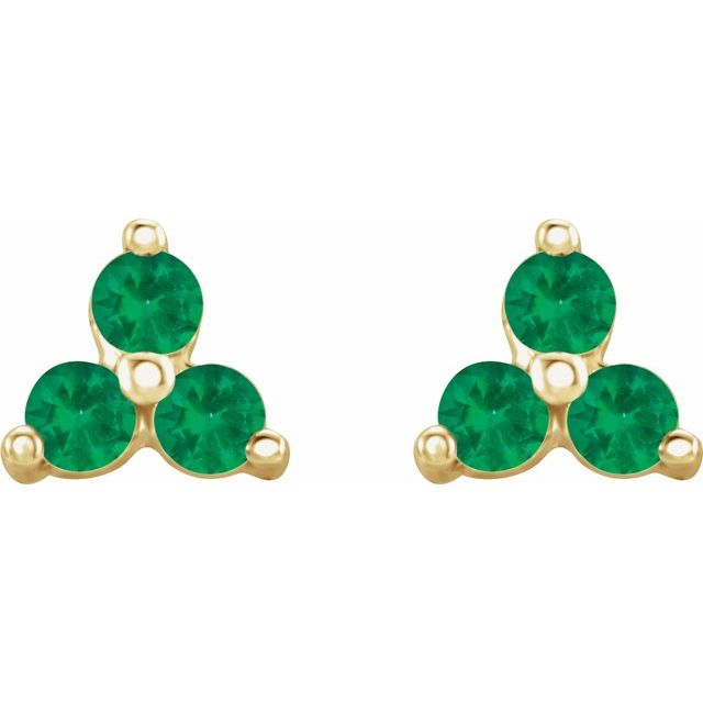 14K Natural Emerald Three Stone Earrings