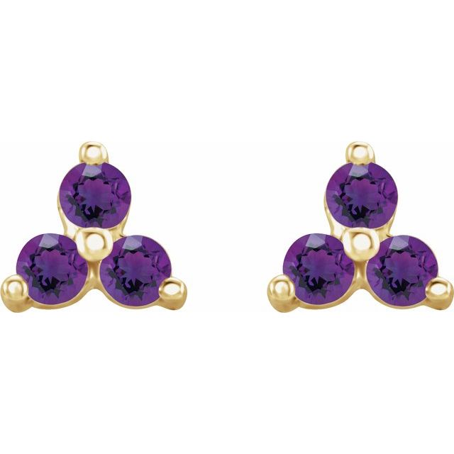 14K Natural Amethyst Three Stone Earrings