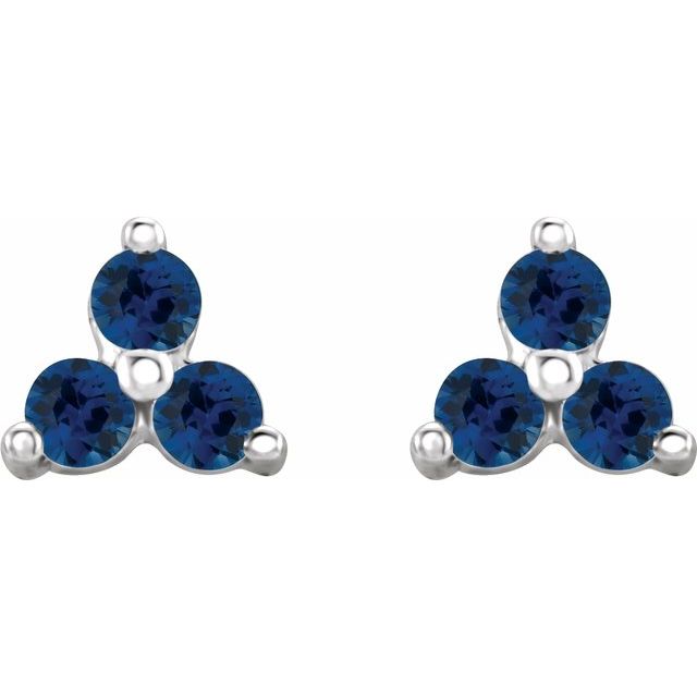 14K Natural Blue Sapphire Three Stone Earrings