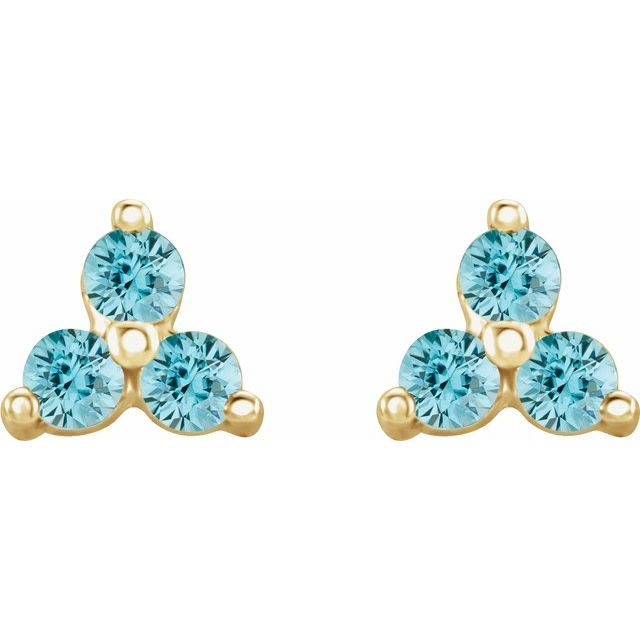 14K Natural Blue Zircon Three Stone Earrings