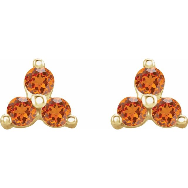 14K Natural Spessartite Garnet Three Stone Earrings