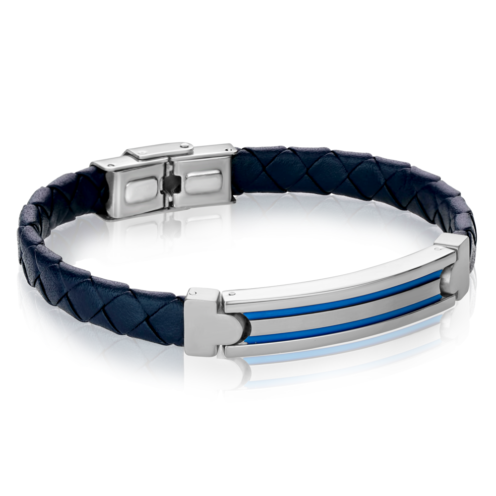 Striped ID-Plate Leather Bracelet
