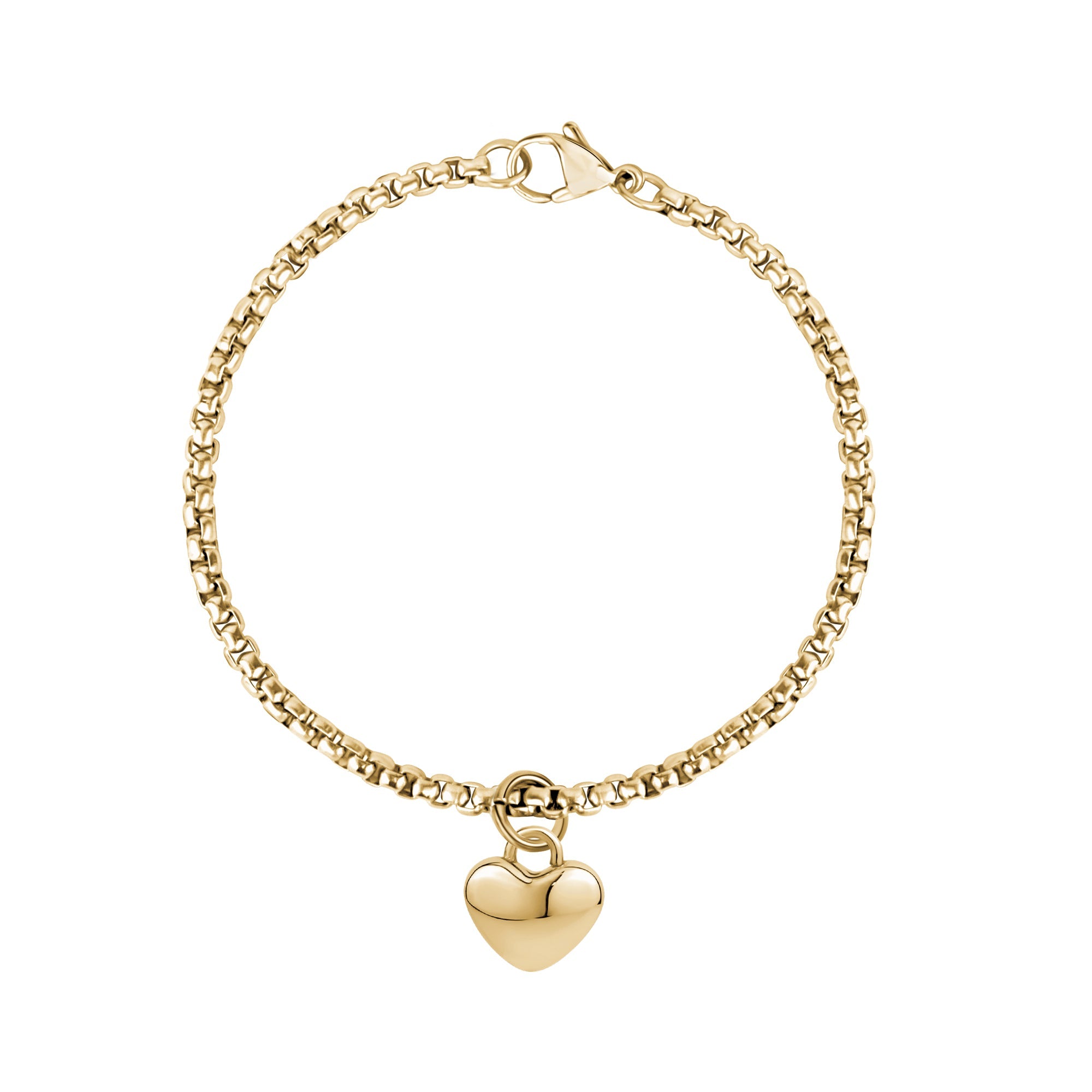 Round Box Bracelet W/ Heart Charm - Gold