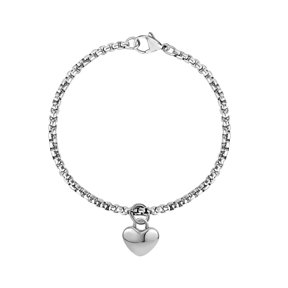 Round Box Bracelet W/ Heart Charm - Silver