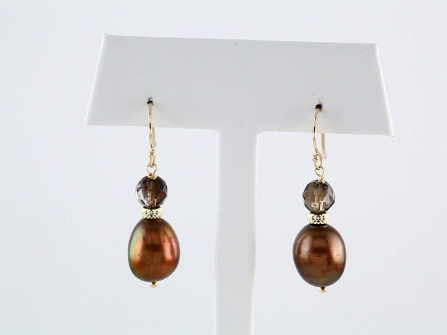 14K Cultured Chocolate Freshwater Pearl & Natural Smoky Quartz Earrings