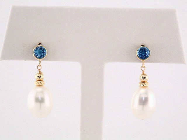 14K Cultured Freshwater Pearl & Natural Swiss Blue Topaz Earrings