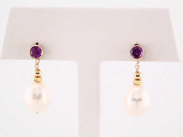 14K Cultured Freshwater Pearl & Natural Amethyst Earrings