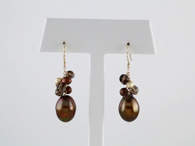 14K Cultured Dyed Chocolate Freshwater Pearl & Natural Smoky Quartz Earrings