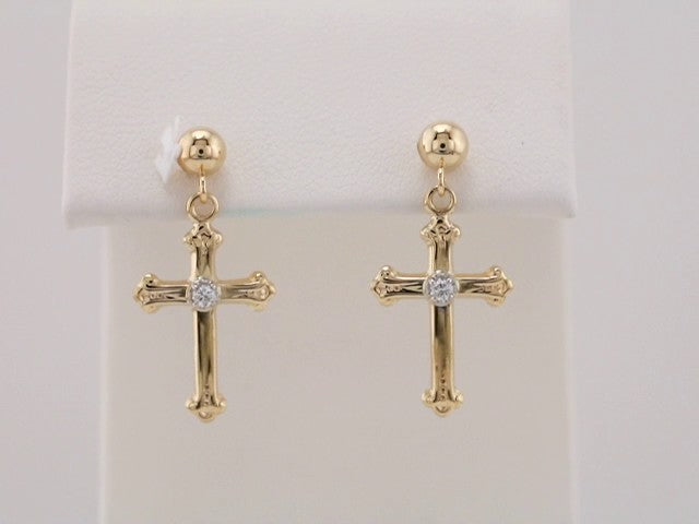 14K / .04 CTW Natural Diamond Cross & Ball Earrings