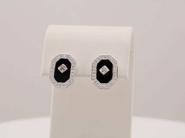 Sterling Silver Natural Black Onyx & Imitation Cubic Zirconia Halo-Style Earrings